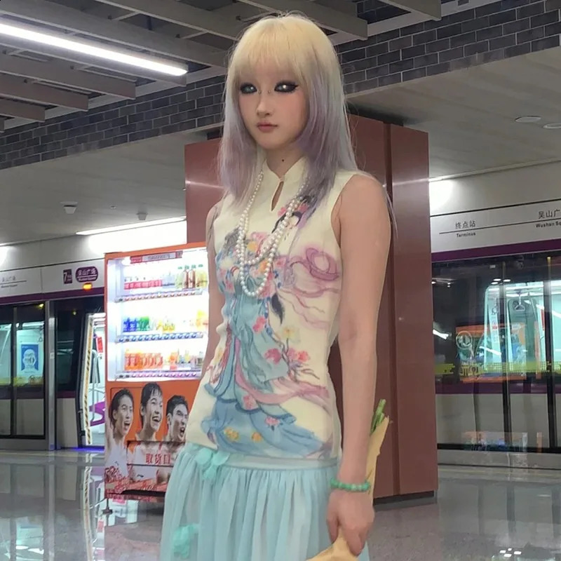 Karrram Japanese Y2k Ribbed Tank Top Fairycore Print Sleeveless Tops Vintage Harajuku Slim Tanktop 2000s Aesthetics Clothes 90s 240819