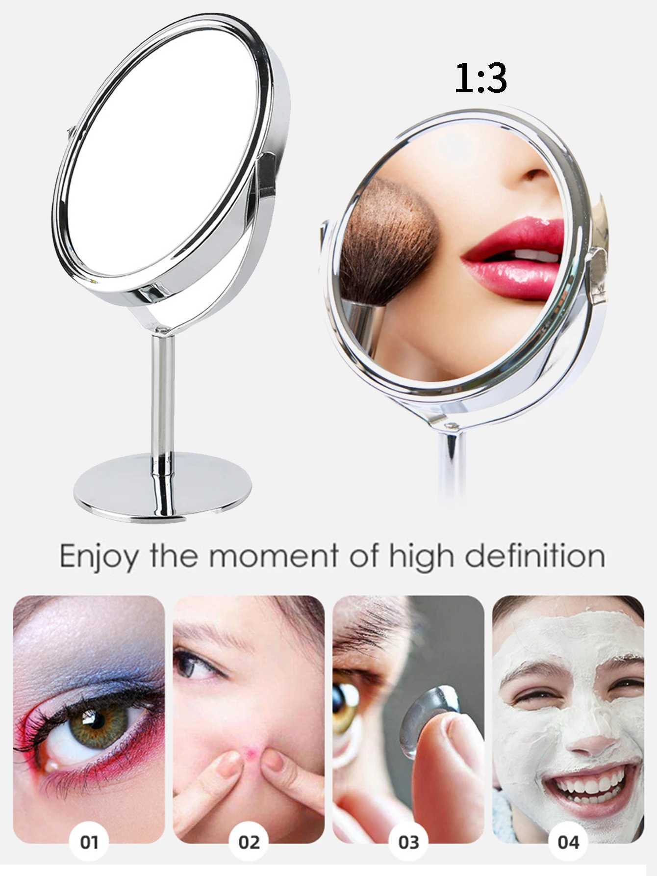 1pc Large Silver Makeup Mirror Clear Double Sided Tabletop Beauty Mirror Metal Silver Magnifying Cosmetic Mirror 360 Rotatio Y240819