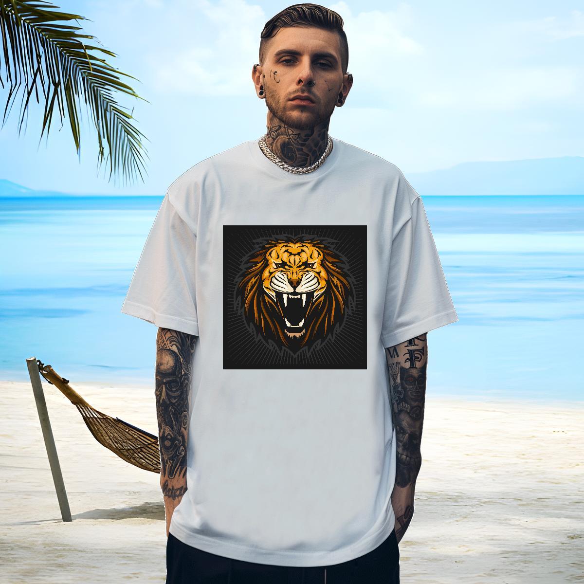 High Quality Mens T Shirts lion O Neck Short Sleeves Casual DIY 230g Pure Cotton Men Tshirts Casual New Tops