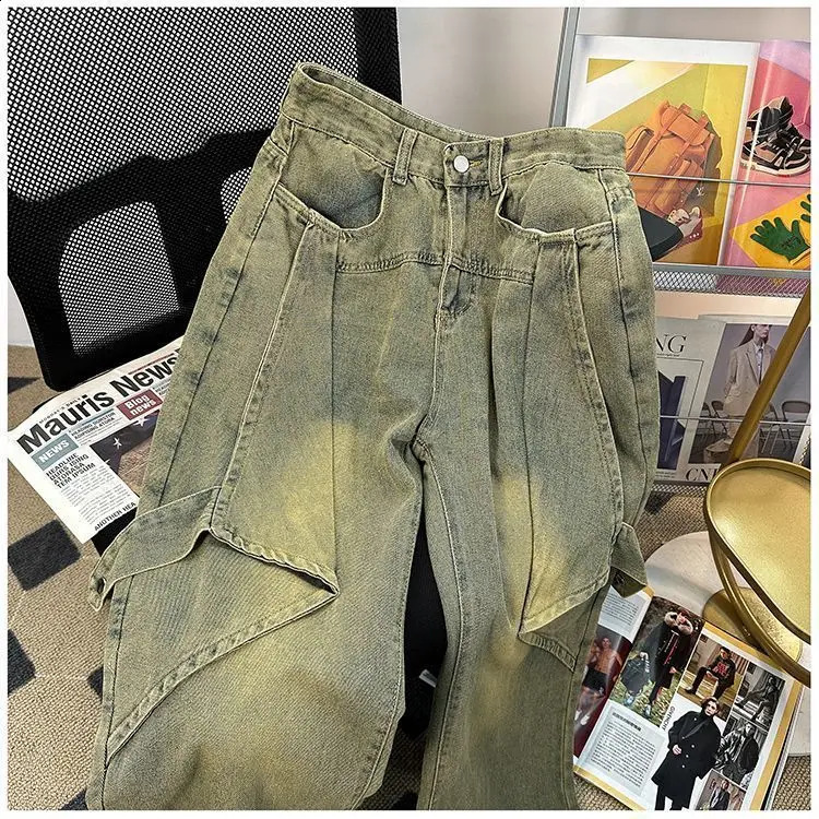 Spring Men and Women Strt Personzed Washed Straight leg Jeans Couple Loose Wide Leg Floor Raging Casual Pants Z260313