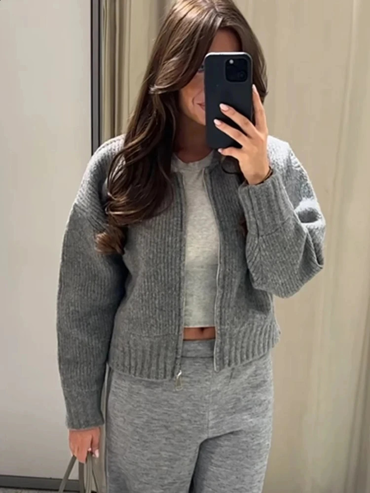 Fashion Gray Zipper Knitted Sweater For Women Spring Autumn Long Sleeve Knit Bomber Jacket Female Street Warm Lady Chic Top 240819