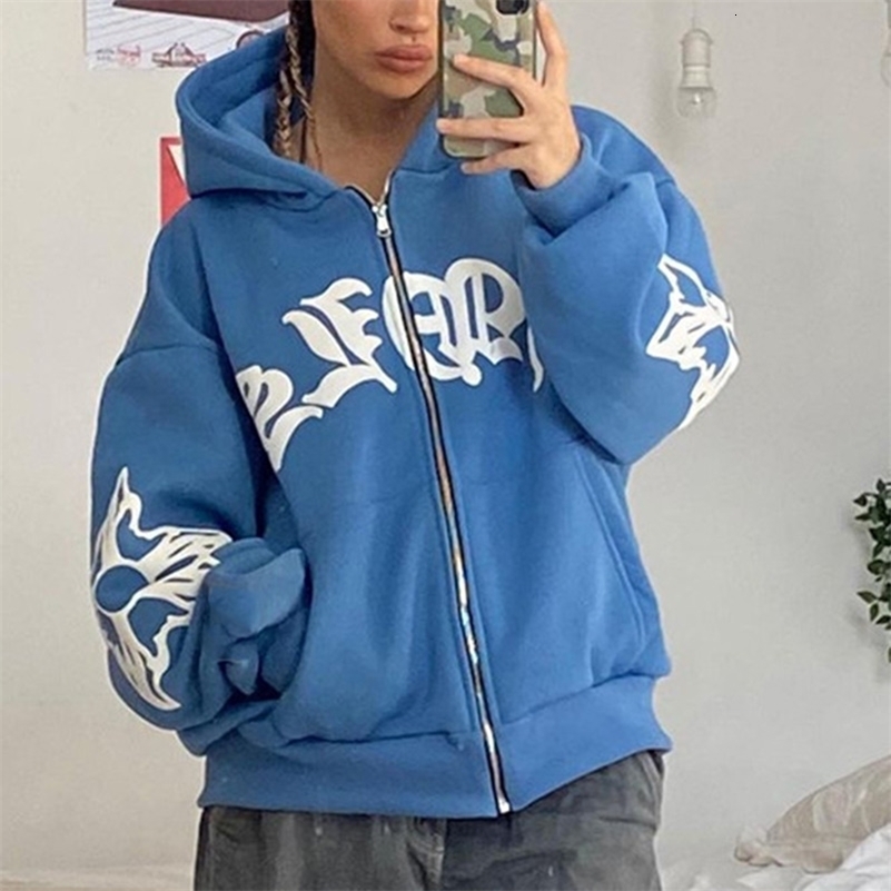 Y2K zip up hoodie Harajuku Hip Hop Punk streetwear goth Letter printing oversized hoodie Sweatshirt Vintage Loose Clothes 240819