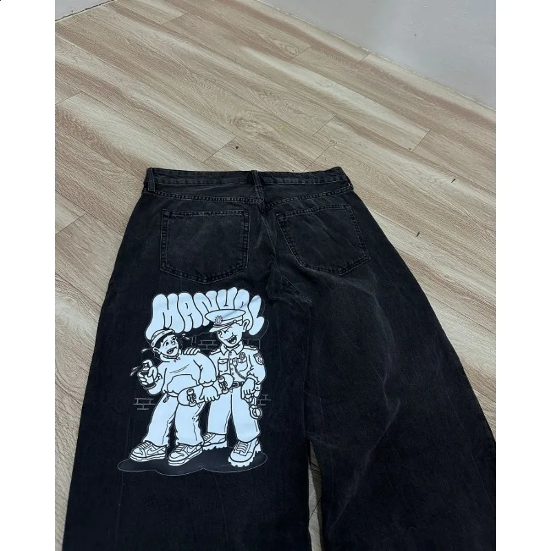High street geometric print black oversized jeans men clothing y2k clothing 2000s American casual straight baggy pants 240819