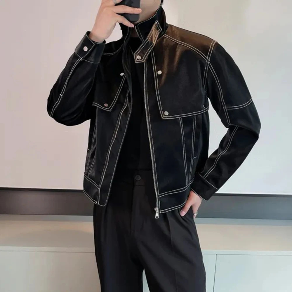 Men Y2k Matte Biker Leather Jacket Genderless Autumn Winter Nightclub Trendy Street Stand Collar Topstitch Leather Jacket Unisex 240809