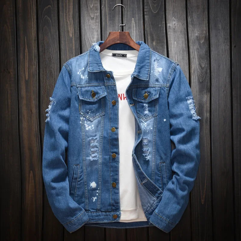 Jacket Men Blue Jeans Coat Clothing Hole Plus Size Denim Spring Autumn Young Casual Hippie Clothes Distressed Jackets 240819