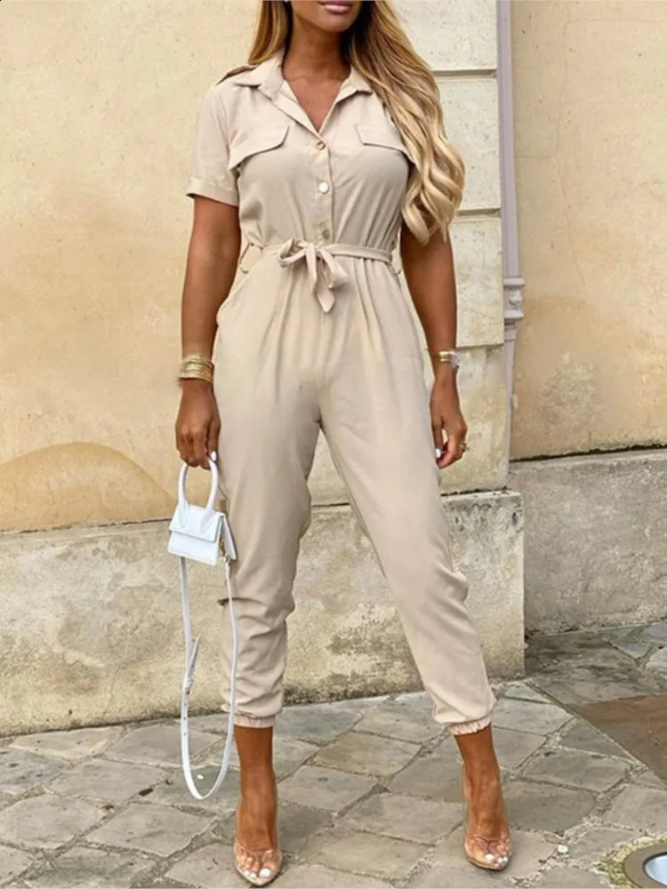 Casual short sleeved jumpsuit for office ladies in spring and summer fashionable and elegant solid lace womens jumpsuit jumpsuit 240820