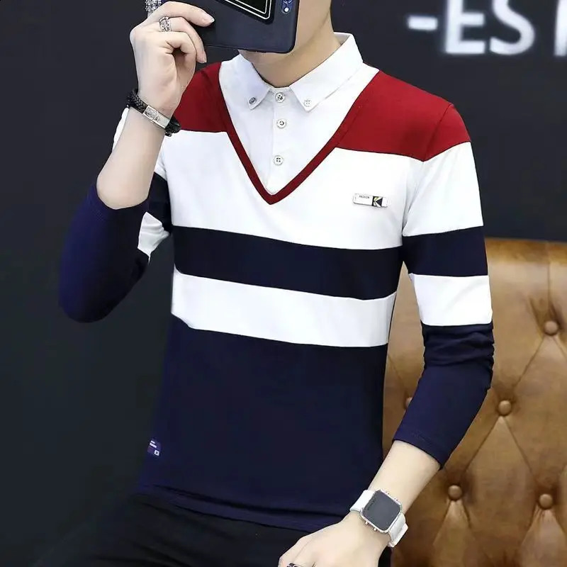 Spring Autumn Mens Solid Turn-down Collar Printing Striped Button Long Sleeve T-shirt Undershirt Fashion Casual Formal Tops 240820