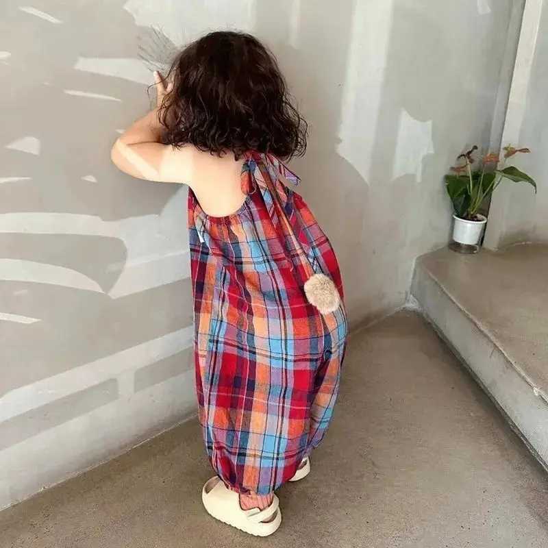 Cherry Girls Red and Blue Plaid jumpsuit summer cute bunny tail girl bib pants baby coat girl jumpsuit W240806