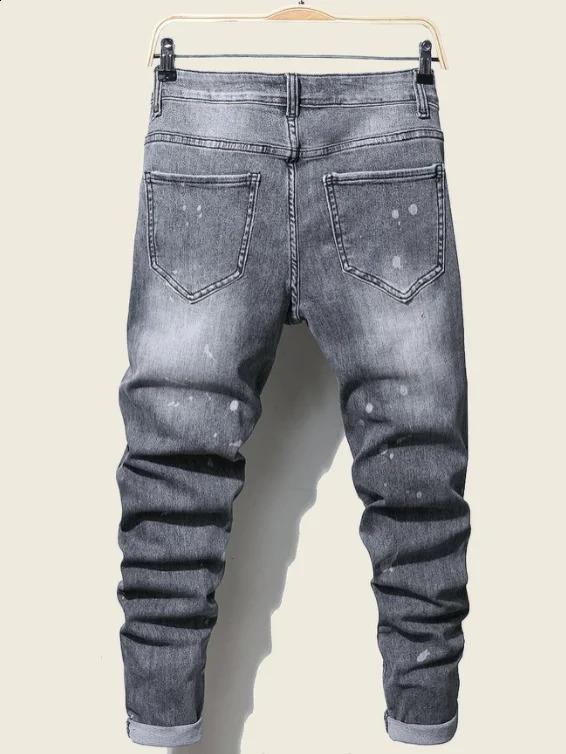 Mens stretch denim jeans streetwear tear patches work holes waist casual pants ultrathin fit straight 240819