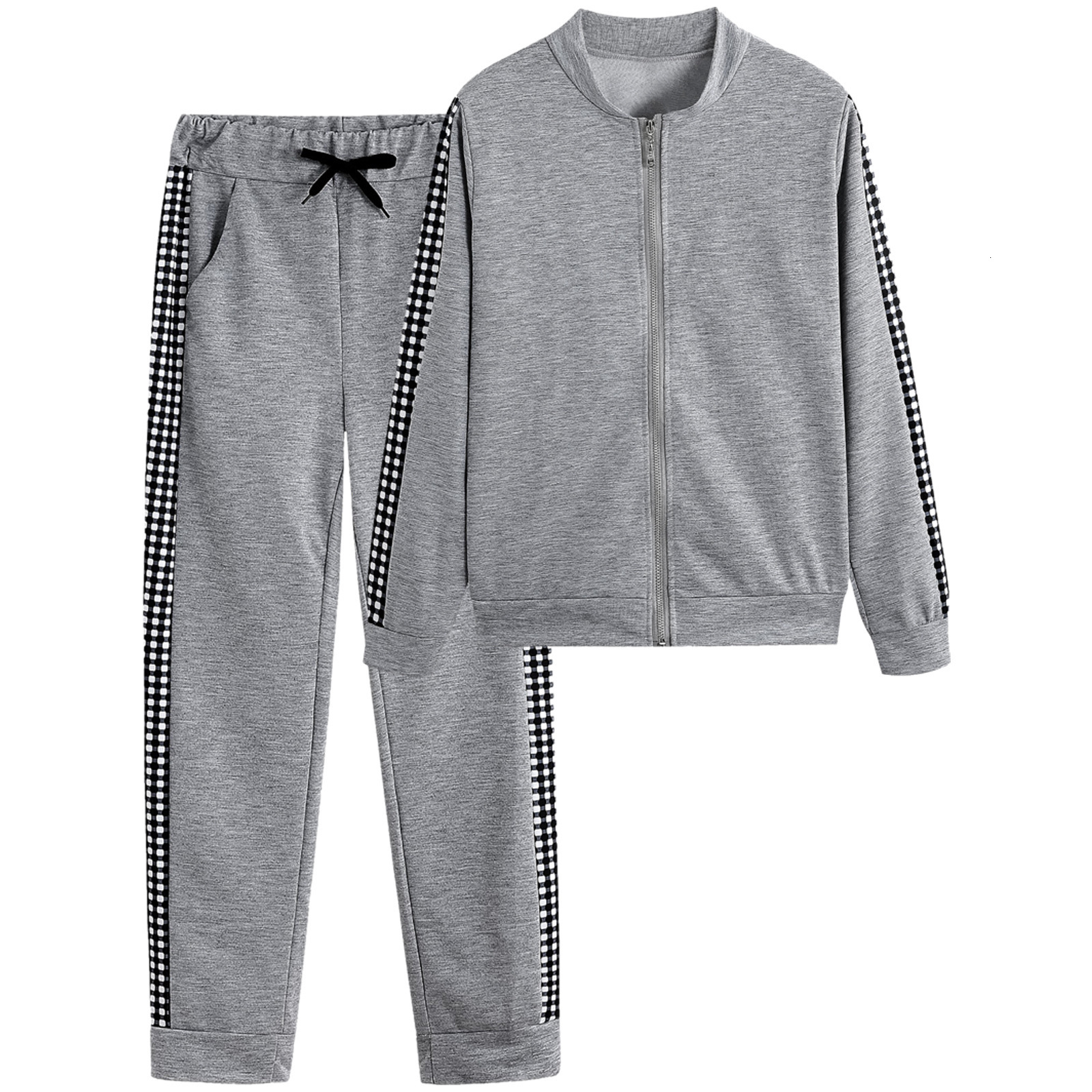 Autumn/winter New Long Style Sports and Leisure Zipper Splicing Grid Set Womens Clothing