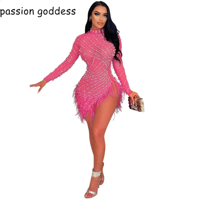 Fashion Long Sleeve Diamonds Sexy Bodycon Mesh See Through Party Dresses for Women Feather Pearls Black Irregular Club Dress 240819