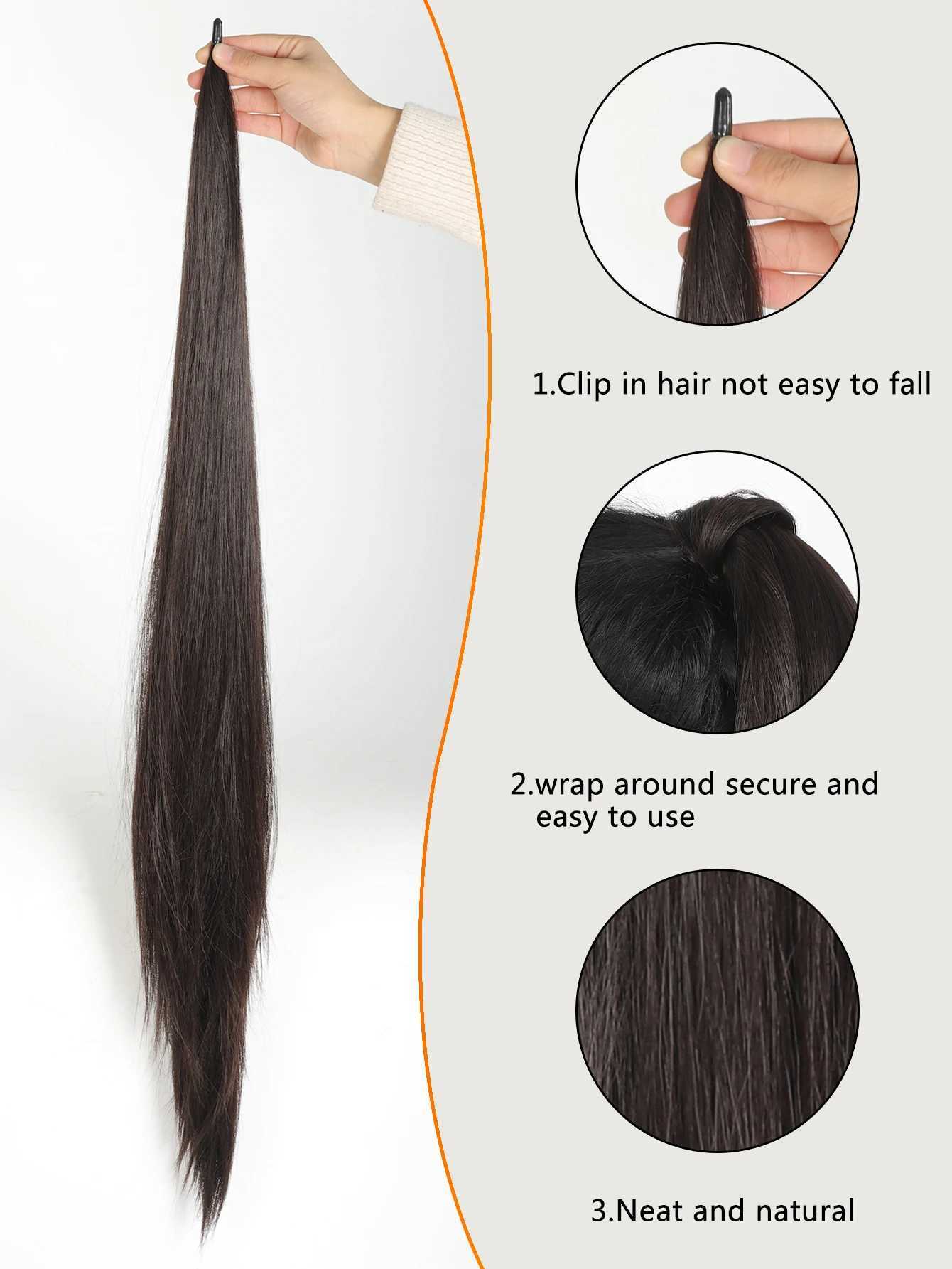 Synthetic 32 inch flexible wrapped ponytail extended long straight ponytail beautiful ponytail womens wig W240817
