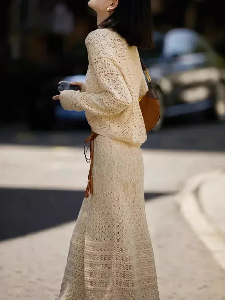 Korean Fashion Slim High Waist Long Skirt Set Autumn Elegant Sets for Women 2 Pieces Loose V-neck Knitted Cardigan Two-piece Set 240820