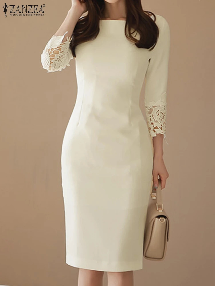 Autumn Dress ZANZEA Elegant Round Neck Women 3/4 Lace Sleeve Vestidos Collect Waist Slim Party Dresses Casual Solid Robes 240819
