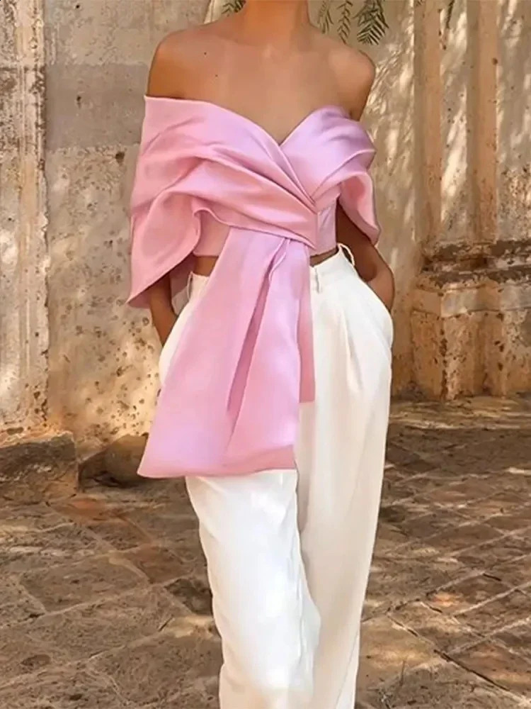 Elegant satin womens top sexy backless pleated bow lace streetwear womens shirt 2024 spring/summer party shoulder top 240820