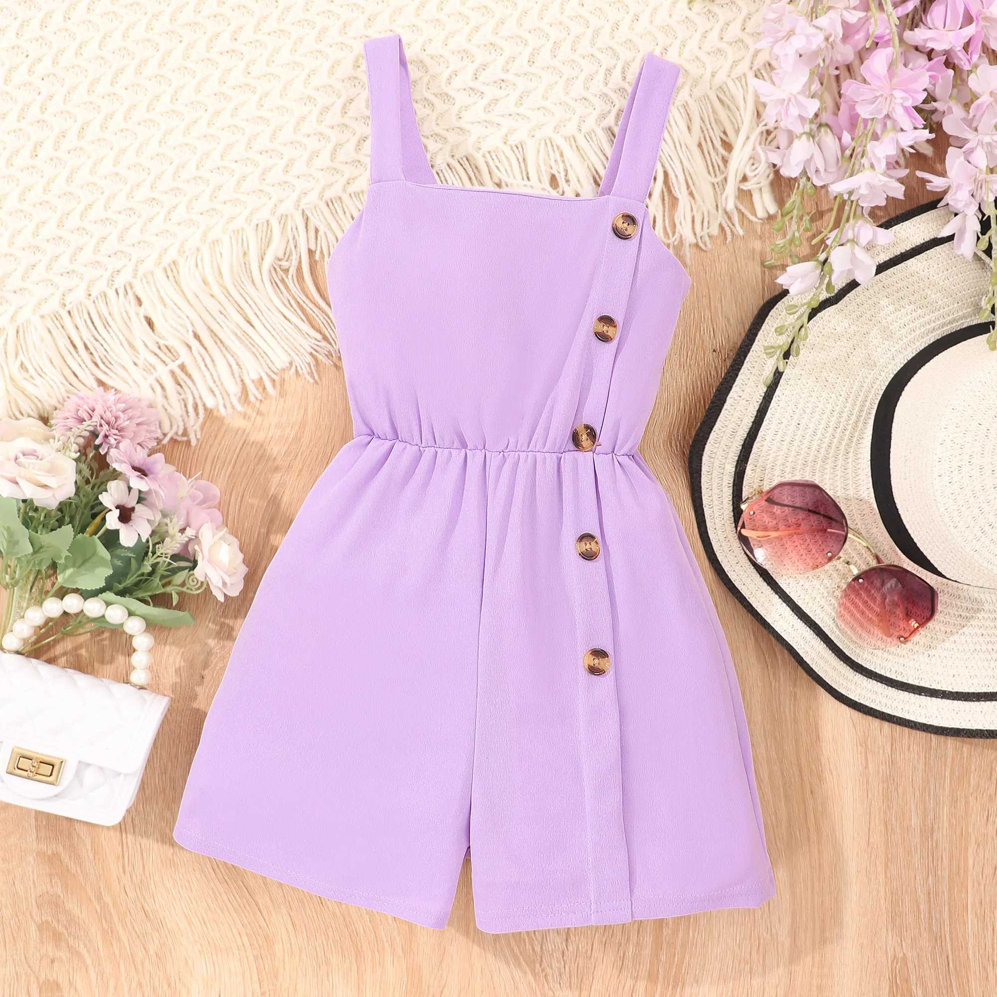 Girls casual solid button decoration sleeveless jumpsuit summer gift W240806