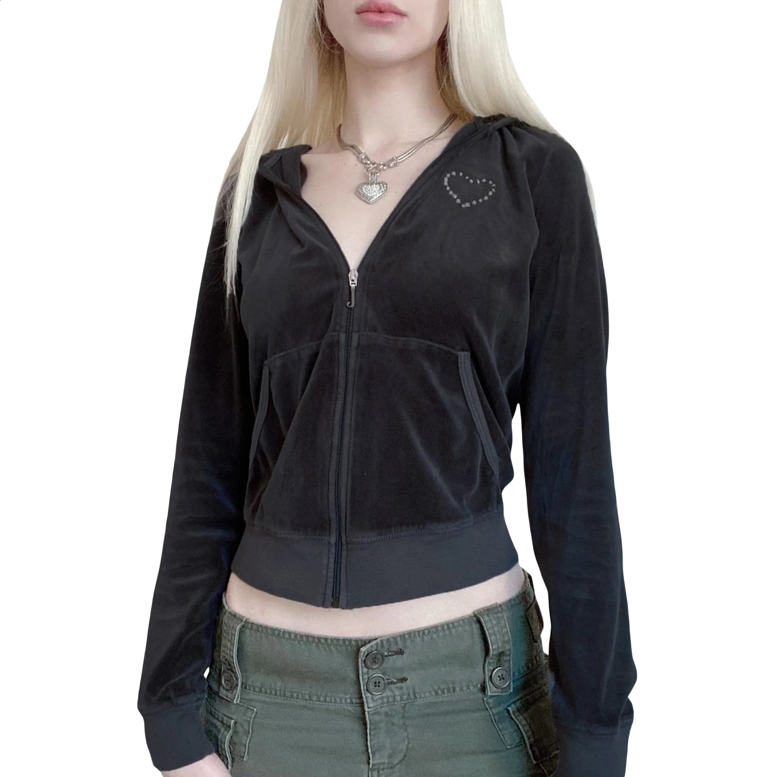 Womens hooded sweatshirt long sleeved zipper heart-shaped side pocket autumn spring street casual loose short velvet jacket 240820