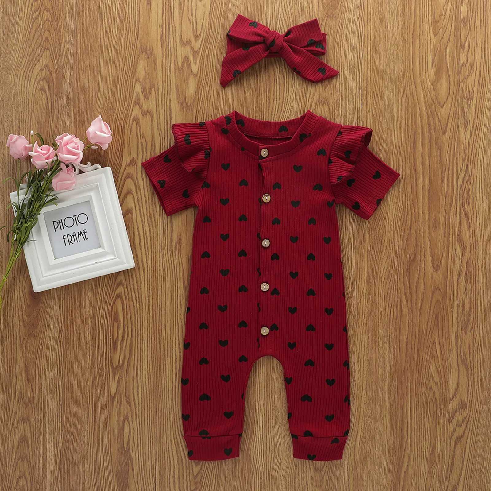 Day Romper Print Girls Valentines Hearts Infant Baby Ruffles Jumpsuit+Headbands Girls Romper Jumpsuit One Birthday Outfit Girls W240806