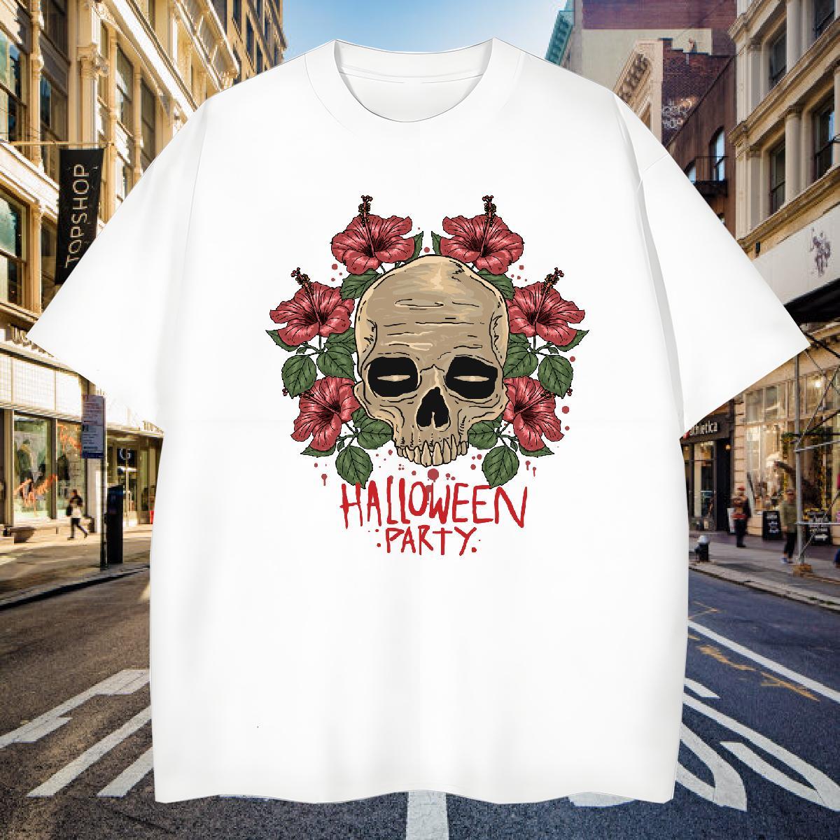 Men T Shirts 230g 100% Cotton skull Hip Hop Street Short Sleeve Soft Floral Print Tshirt for Man Woman 2024 New Popular Tops Tees