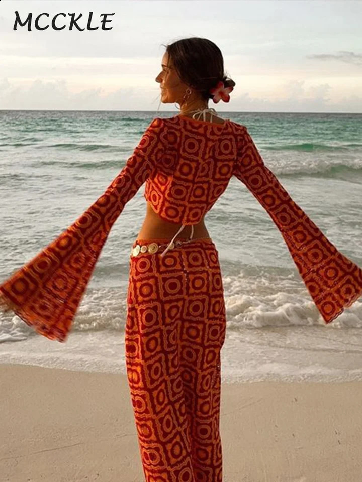 Slim Knit Crocheted Hollow Out Skirt Suit Women Long Flare Sleeve O-neck Crop Tops Hip Package Skirts 2024 Autumn Lady Beach Set 240813