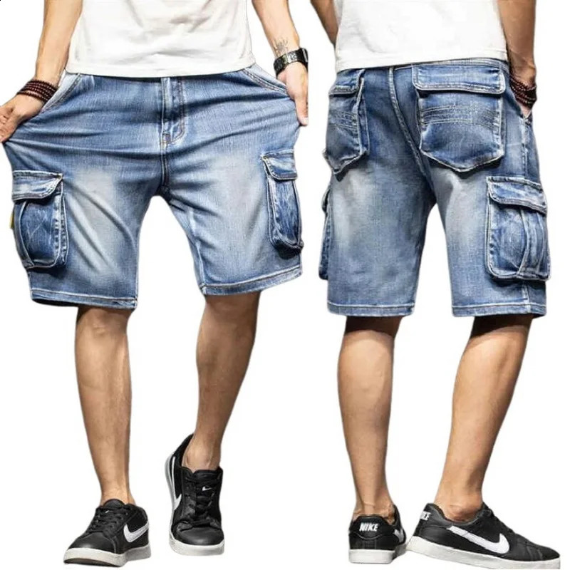 Mens Multi Pocket Summer Loose Distressed Wide Leg Knee Length Shorts Washed Fashion Denim 240819