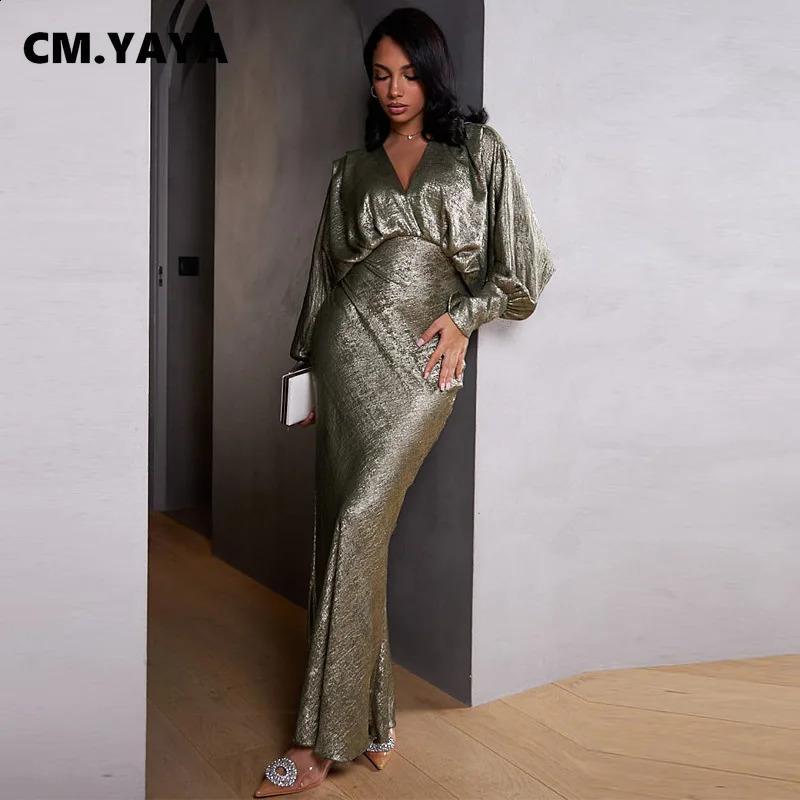 CM.YAYA Women Stretch V-Neck Full Batwing Sleeve Maxi Long Dress Summer Evening Sexy Night Club Birthday Party Dresses 240819