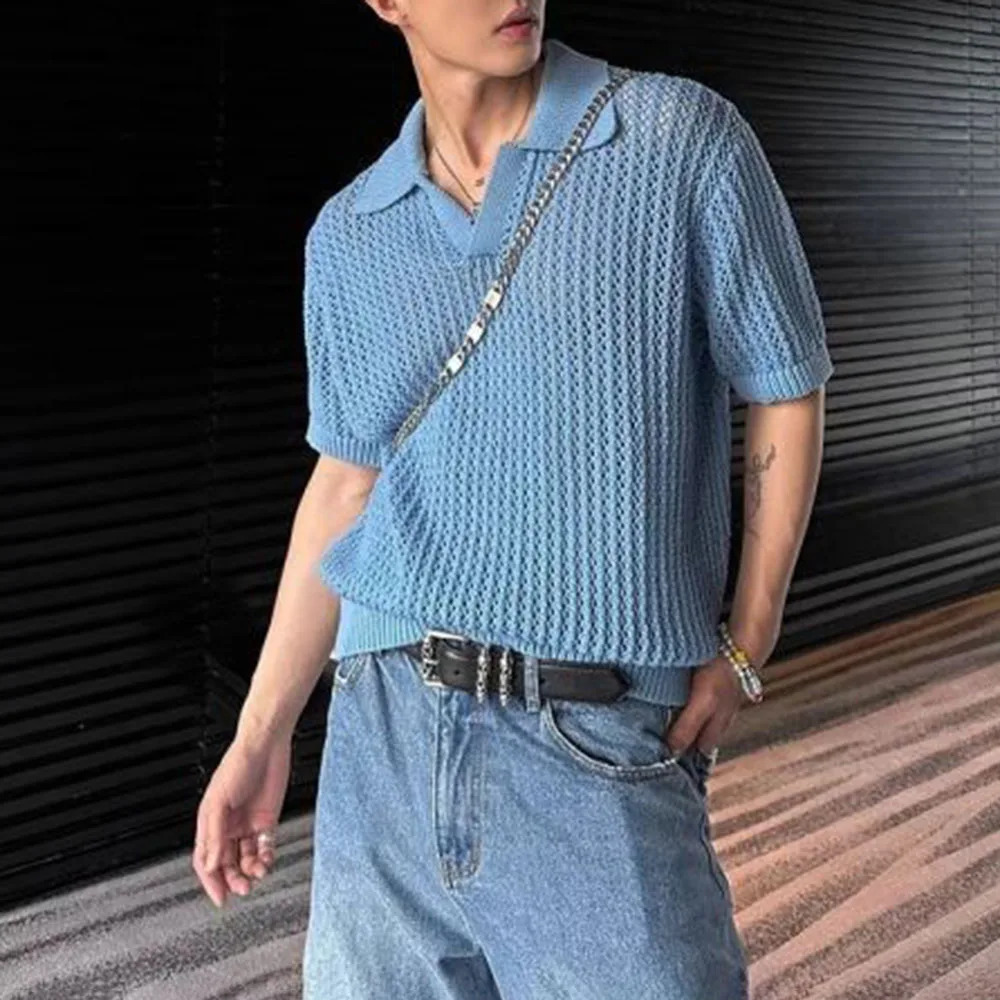 Mens Y2k Hollow Perspective Knitted Tops 2024 Daily Casual Personality Versatile Breathable Short-Sleeved Polo Shirt Men 240819