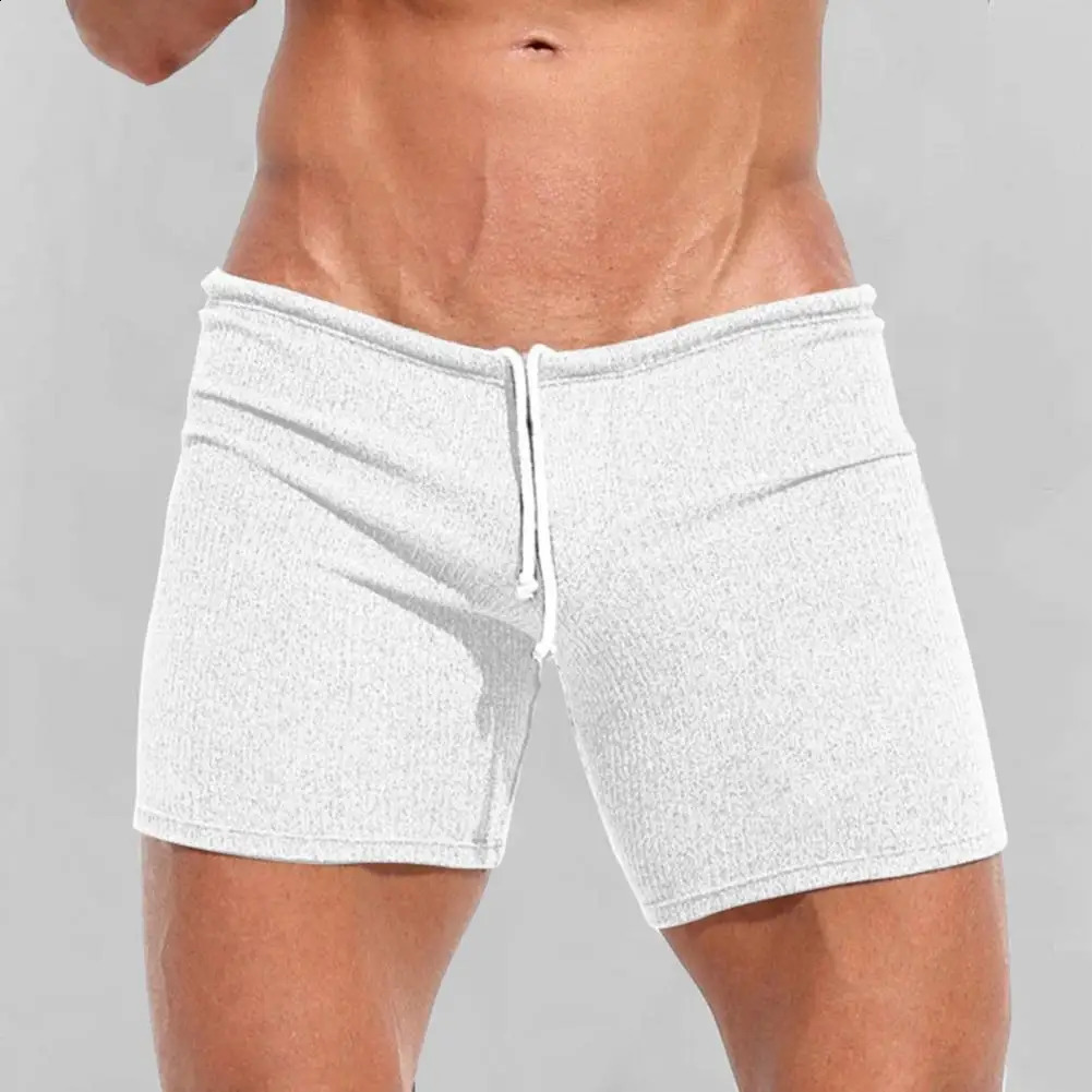 Summer breathable soft and comfortable ribbed shorts mens sleepwear elastic slim fit solid color brushed lace 240819