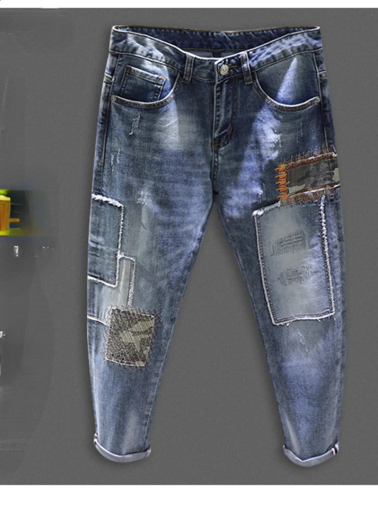 Autumn fashion handsome personality retro patchwork jeans mens old patch holes Ripped jeans pants cargo pantalones hombre 240819