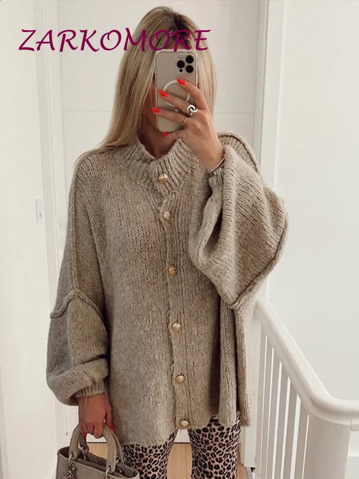 Solid color knitted womens open breasted batwing sleeve button loose floral autumn chic commuting casual sweater 240819
