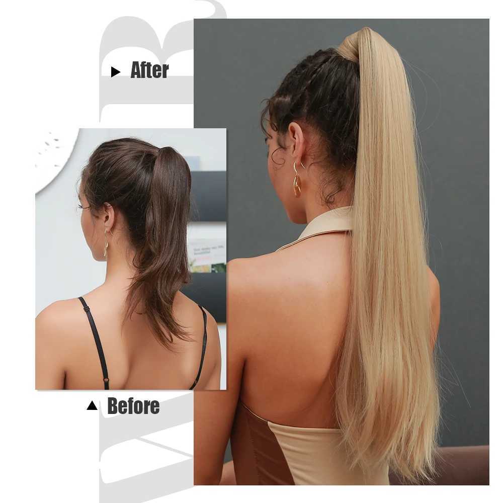 HAIRCUBE long natural straight ponytail hair extension wig blonde hair wrapped around synthetic hair suitable for womens daily ponytail hair W240817