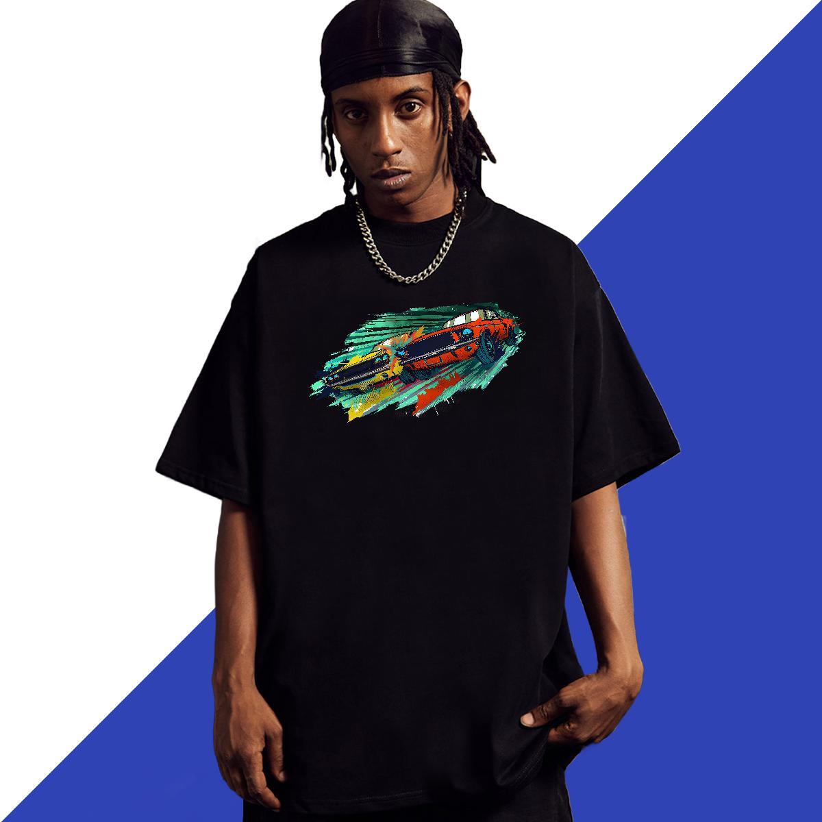 TOP Quality Men Clothes T-Shirt Casual Beach 230g Cotton Cartoon Print Crew Neck car Men T Shirts Fashion Casual Polos