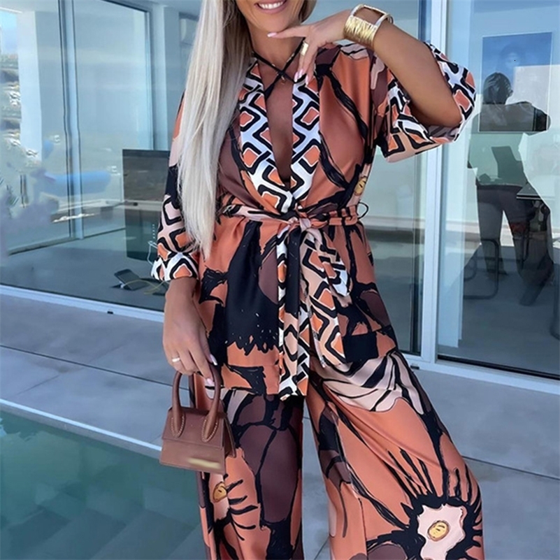 Casual Loose Holiday Two Piece Sets Womens V-neck Cardigan Tops with Long Pants Suits 2024 Spring Vintage Printed Beach Outfits 240819