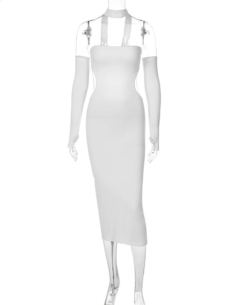 Hugcitar Women Fashion Halter Strapless With Gloves Backless Buttons Sexy Bodycon Maxi Dress Fall Wedding Party Y2K Clothes 240819