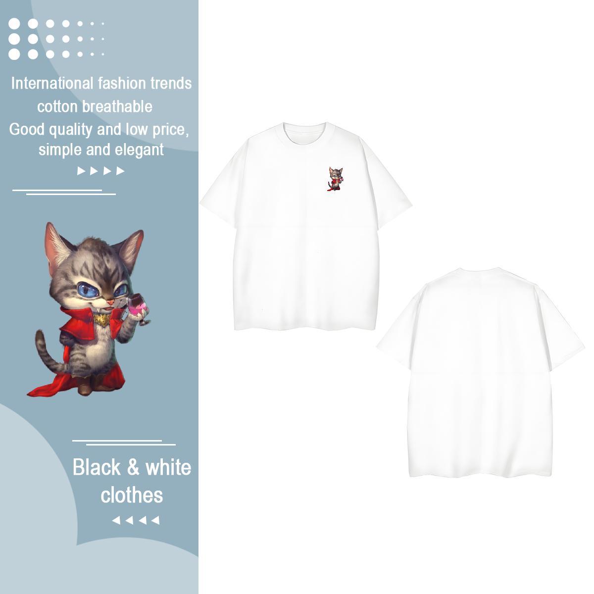 Fashion Casual Tshirts cat Beach 100% Cotton 230g Tees Shirts Round Neck Short Sleeve Free Shipping T-Shirts for Men Black White