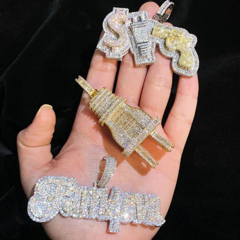 Iced Out Bling CZ letter badge pendant necklace cubic zirconia gold letters money charm mens fashion hiphop jewelry 240812