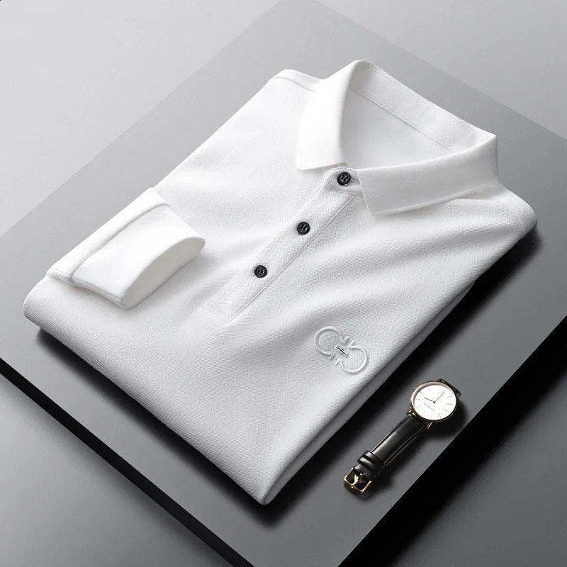 Premium 100% cotton long-sleeved T-shirt Mens lapel top spring fashion embroidery Korean casual polo shirt Mens wear 240820