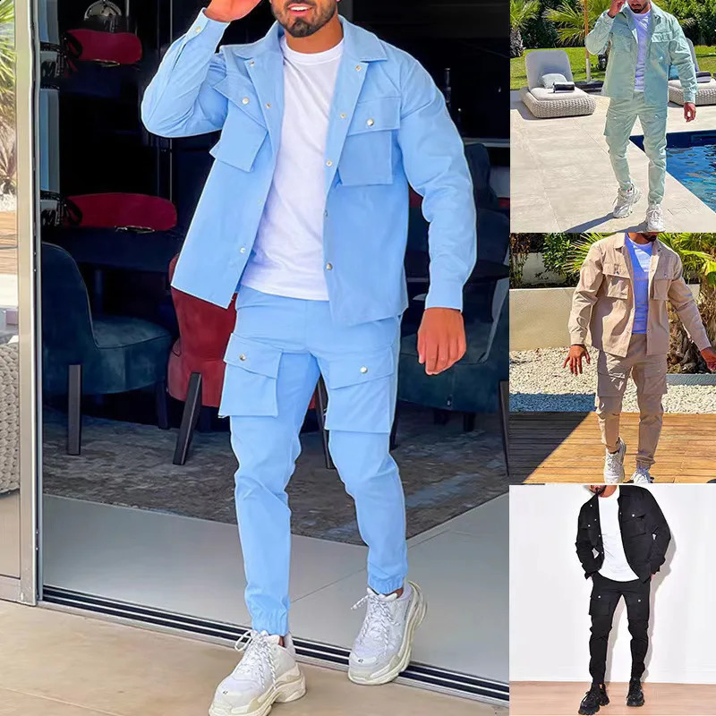Streetwear Mens Two Piece Sets Spring Turn-down Collar Jackets Pockets Cargo Pants Suits Men Fashion Slim Fit Outfits 240819