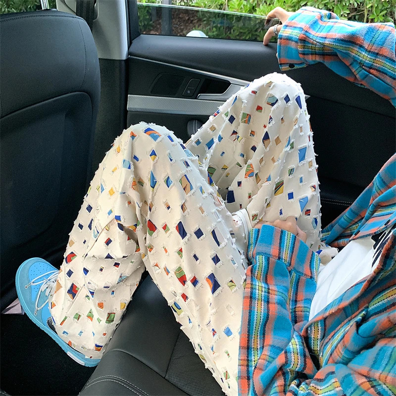 Spring autumn Casual Trousers Mens Loose Casual Elastic Waist Cargo Pants Retro jacquard Printed Pant 240820