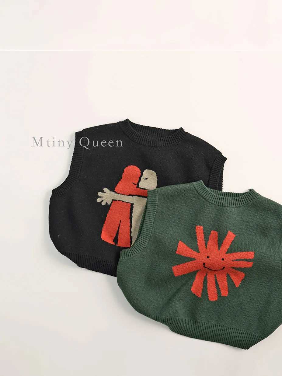 Autumn New Children Sleeveless Knitted Vest Fashion Print Boys Girls O-neck Loose Pullover Sweater Vintage Casual Kids ClothesXJ240819