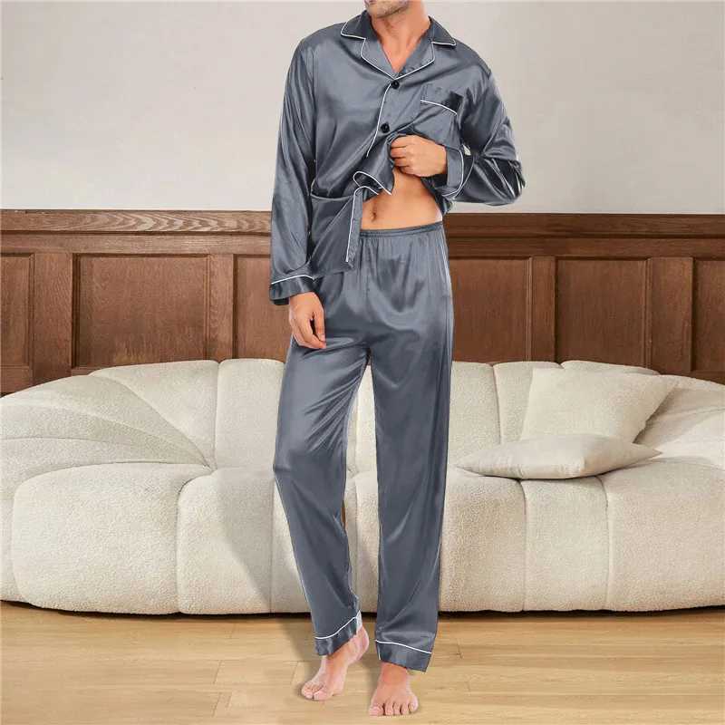 Mens sleepwear set silk satin mens sleepwear long sleeved sleepwear mens fashionable soft home sleepwear plus size casual wearW240719