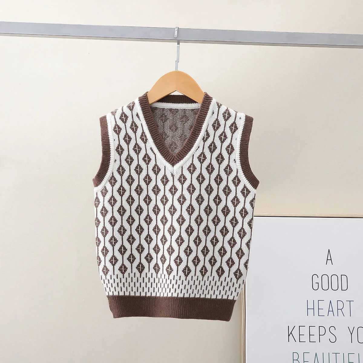 Baby Boys Wool Knit Vest Diamond pattern Kids Waistcoats Sleeveless Sweater For Girls Autumn V-neck Children KnitwearXJ240819
