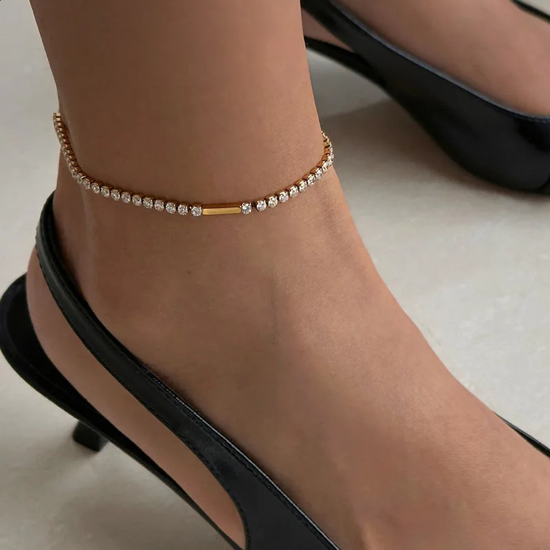 Womens Tennis Chain Ankle Stainless Steel Daily Minimum Gem Summer Exquisite Elegant Jewelry Collection 240812