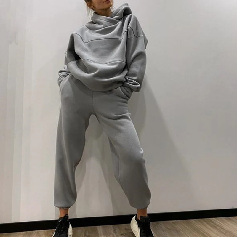 Women Fleece Two Piece Set Oversize Hoodie Sweatshirt And Jogger Trouser Tracksuits Autumn Winter Female Casual Sports Suit 240820