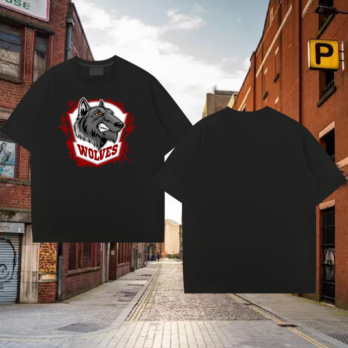 Loose Fit T Shirt For Man wolf Short Sleeve O-Neck Beach Cartoon Print 230g 100% Cotton Tshirts Stylist Polos