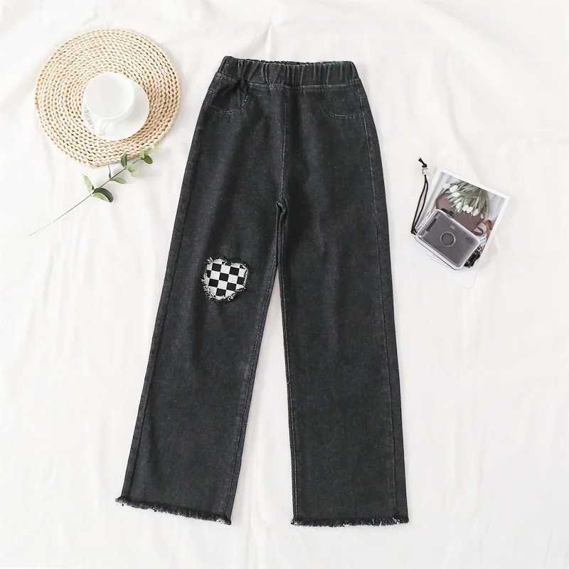Teenage girl jeans black casual wide leg pants 2023 new school childrens denim Trouser solid loose childrens clothing 12 13 14 years oldW240819