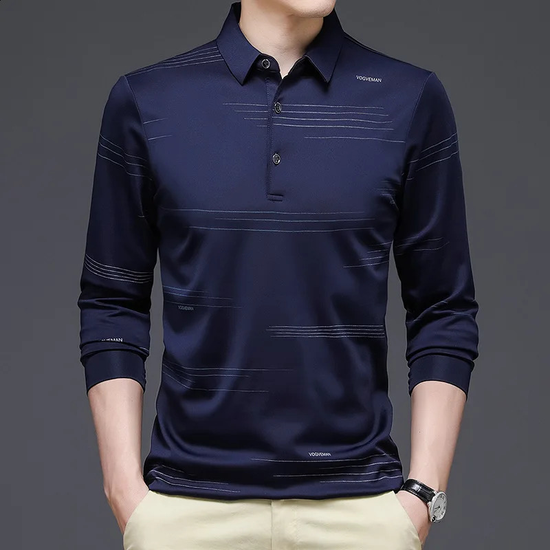Autumn Mens Long Sleeve Mercerized T-shirt Business Casual Lapel Thin Long Sleeve Polo Shirt 240820