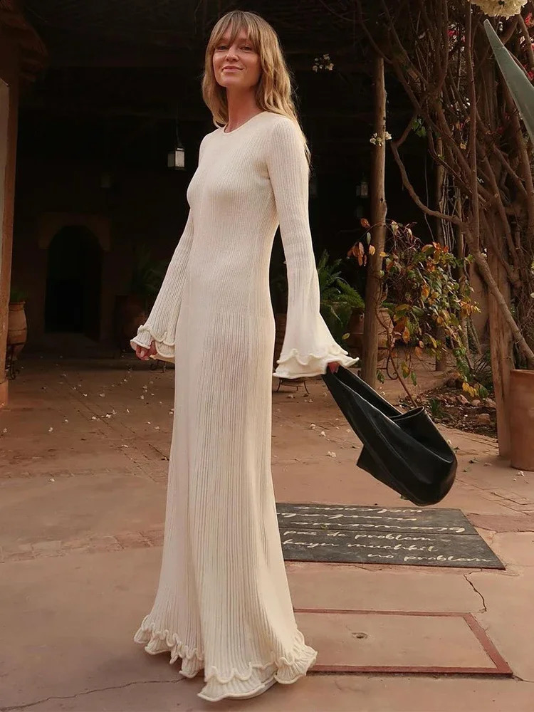 Elegant White Knitted Fishtail Dress Women Chic Flare Long Sleeve Lace Up Round Neck Vestidos Female High Street Robes 240819