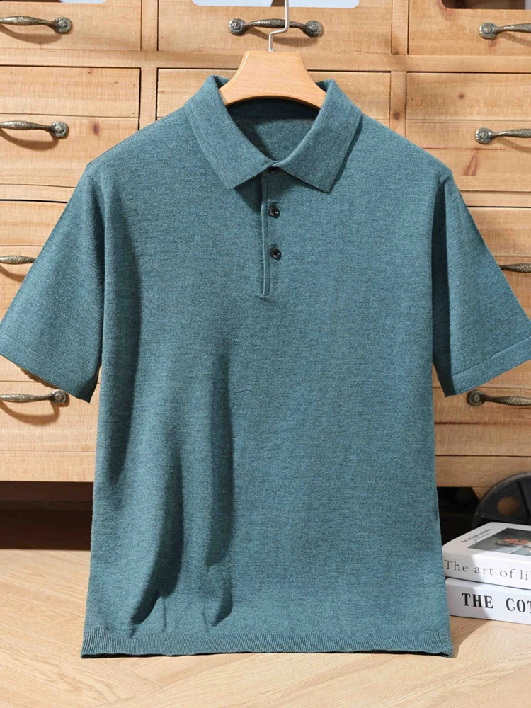 Spring Summer Mens Polo T-shirt Thin Soft Smart Casual Short Sleeve Pullover Sweater 30% Merino Wool Knitwear Korean Fashion 240820
