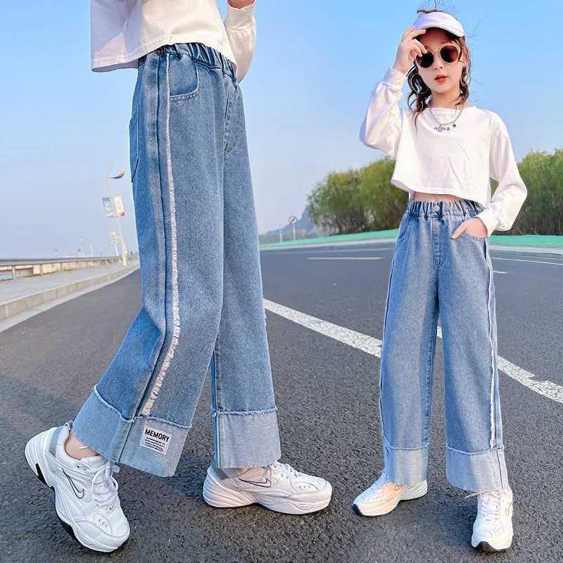 2024 Childrens Baby Girls Spring Jeans Elastic Strapless Childrens Loose and Loose Long Leg Pants Denim Autumn Trouthers 10 11 12 13 Years OldW240819
